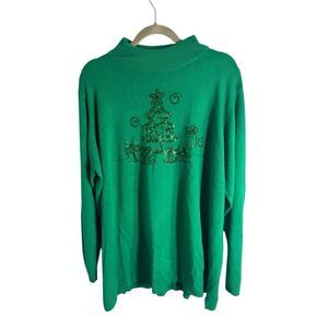 Quacker Factory Womens Mock Neck Christmas Tree Pullover Sweater Green Size 3X